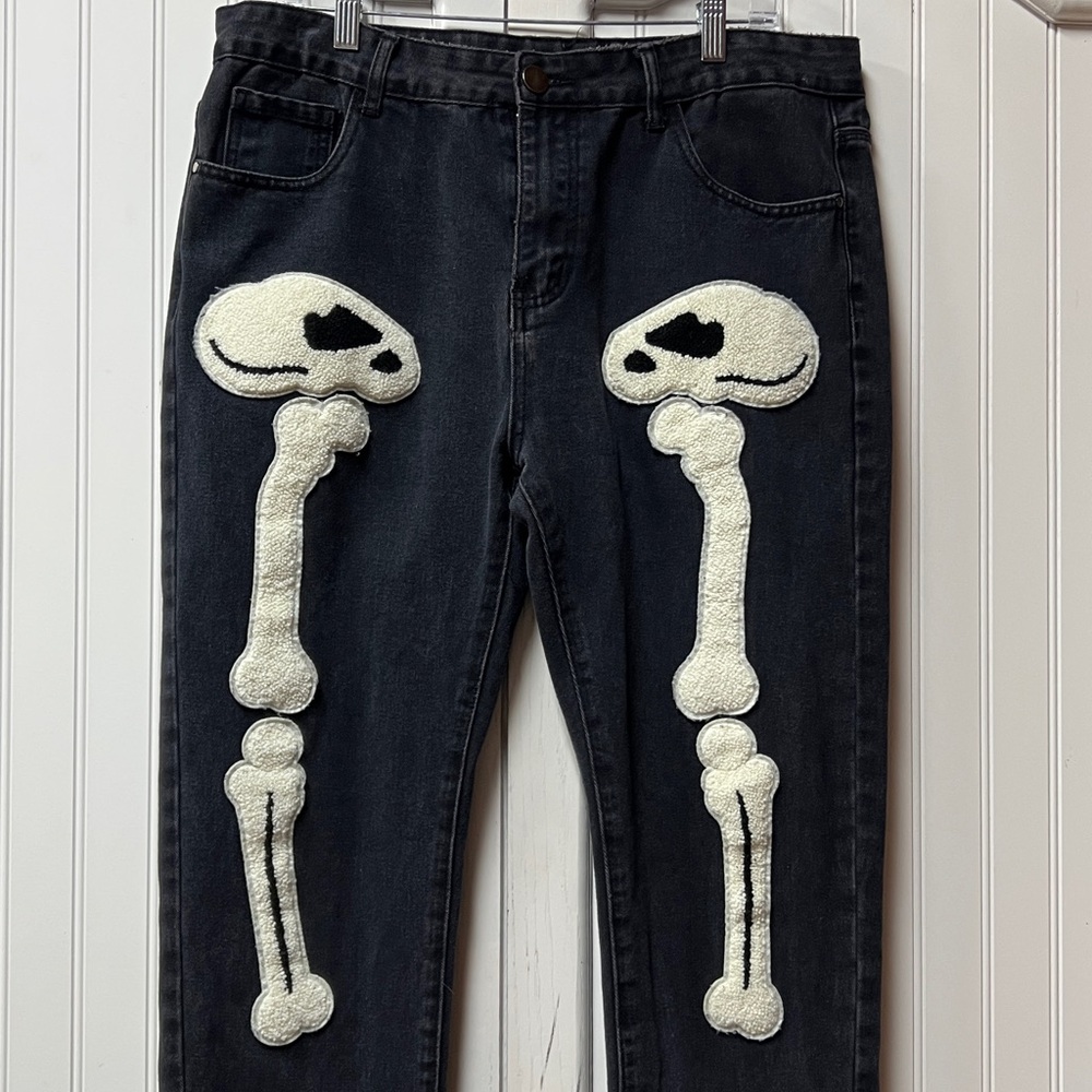 Skeleton Black Denim Jeans 36 Punk Goth Grunge - Picture 2 of 6